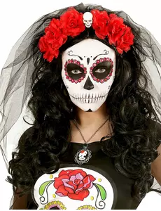 Röd blomsterhuvudbonad med dödskalle dam Dia de los muertos