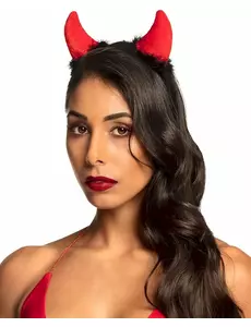 Röda djävulshorn med svart päls vuxen Halloween