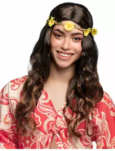 Lång brun peruk med blommigt hårband dam