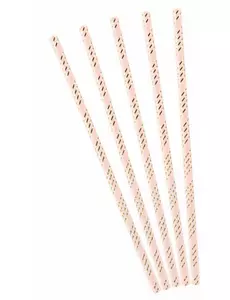 10 rosa pappsugrör med metalliska guldränder 19,5 cm
