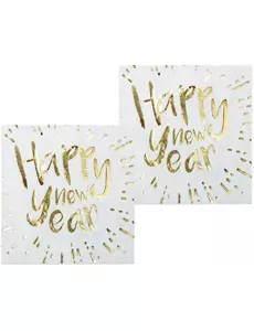 20 vita och guldfärgade pappersservetter Happy New Year 33 x 33 cm