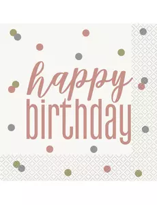 16 vita och roséguldfärgade pappersservetter Happy Birthday 33 x 33 cm