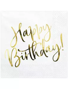 20 vita och guldfärgade pappersservetter Happy Birthday 33 x 33 cm