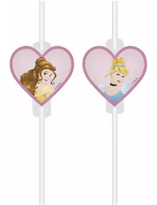 4 kartonghalmstrån med medaljong, Disney™-prinsessor och hjärtan