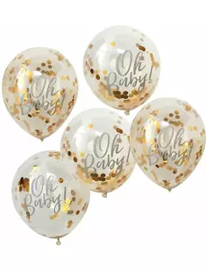 Genomskinliga ballonger Oh Baby med guldfärgade metalliska konfettier 30 cm
