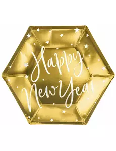 6 papperstallrikar Happy New Year guld 20 cm