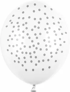 6 vita latexballonger med silverprickar 30 cm