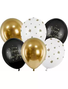 6 svarta och guldfärgade Happy New Year-ballonger 30 cm