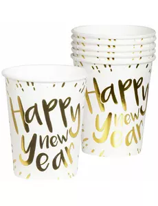 10 vita och guldfärgade Happy New Year pappmuggar 21 cl
