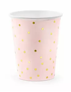 6 ljusrosa pappmuggar med guldfärgade prickar 260 ml