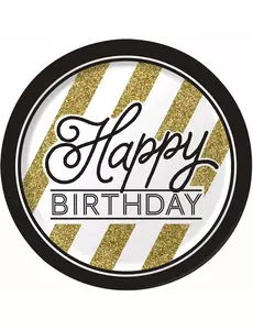 8 papperstallrikar Happy Birthday svart och guld 23 cm