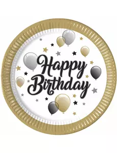 8 papperstallrikar happy birthday guldiga svarta silverfärgade 23 cm
