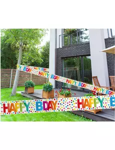 Happy birthday-banderoll med flerfärgade prickar 15 m