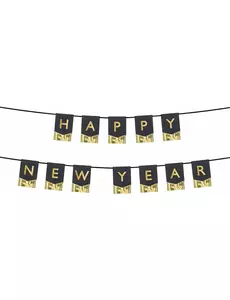 Vimpelgirlang Happy New Year svart och guld 135 cm