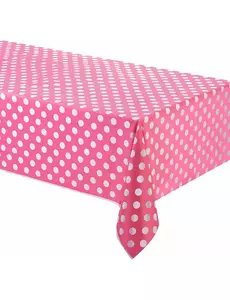 Rosa plastduk med vita prickar