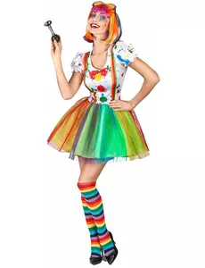 Clownmaskeraddräkt med flerfärgad ansiktsmålning dam, Storlek: Small