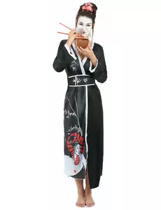 Svartvit maskeraddräkt som geisha dam, Storlek: Medium
