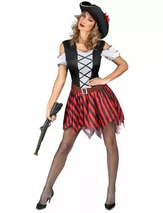 Piratmaskeraddräkt med röda och svarta ränder dam, Storlek: Small