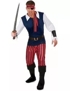 Piratmaskeraddräkt med röda och svarta ränder herr, Storlek: Large