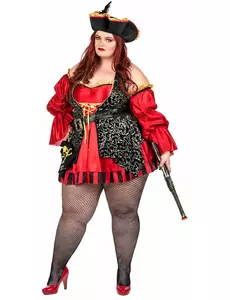 Lyxig röd piratmaskeraddräkt i stora storlekar dam, Storlek: X-Large (44/46)