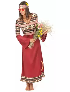 Hippiemaskeraddräkt vinröd dam, Storlek: Medium
