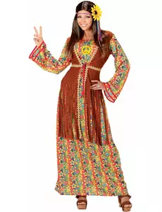 Lång hippieklänning med fransar maskeraddräkt dam, Storlek: Medium