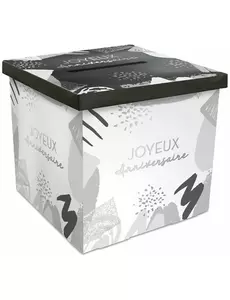 Vit och silverfärgad kartongurna Grattis på födelsedagen