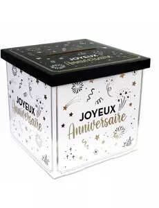 Vit, guldfärgad och svart kartongurna med grattis på födelsedagen