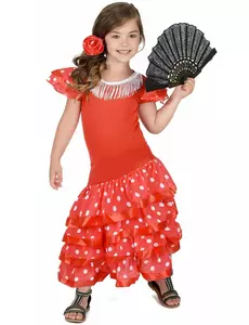 Röd flamencodansös-maskeraddräkt med vita prickar flicka, Storlek: 3-4 år (92-104 cm)