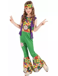 Grön hippie flower power-maskeraddräkt för flickor, Storlek: 4-6 år (110-120 cm)