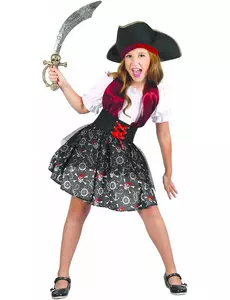 Piratmaskeraddräkt med dödskalletryck flicka, Storlek: 4-6 år (110-120 cm)