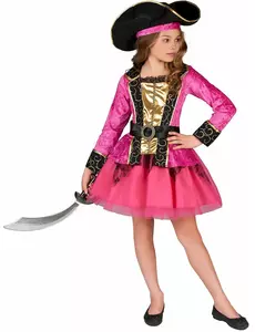 Rosa och guldfärgad piratmaskeraddräkt för flickor, Storlek: 3-4 år (92-104 cm)