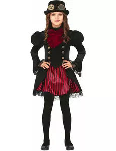 Glamorös röd steampunk-maskeraddräkt flicka, Storlek: 5-6 år (110-115 cm)
