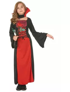 Lång vampyrmaskeraddräkt flicka Halloween, Storlek: 7-9 år (120-130 cm)