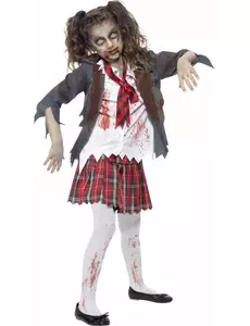 Zombie-skolflicka maskeraddräkt barn Halloween, Storlek: 7-9 år (130/143 cm)