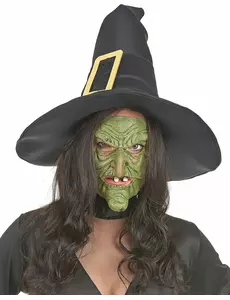 Halvmask i latex med näsa och haka, grön häxa vuxen