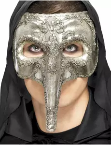 Lång venetiansk halvmask med silverfärgad lång näsa vuxen