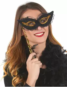 Svart och guldfärgad mask med spets på pinne vuxen