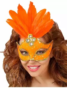 Orange mask med fjädrar dam