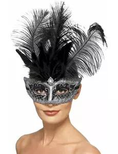 Grå venetiansk Colombina-mask med fjädrar vuxen
