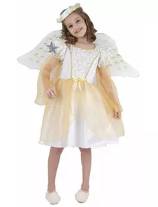 Vit och guldfärgad ängelmaskeraddräkt för flickor, Storlek: 7-9 år (120-130 cm)