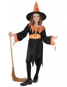 Orange och svart häxmaskeraddräkt flicka, Storlek: 7-9 år (120-130 cm)
