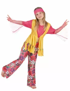 Färgglad hippie-maskeraddräkt flicka, Storlek: 10-12 år (130-140 cm)