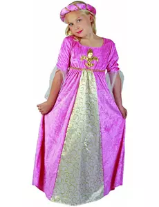 Rosa och guldfärgad medeltida prinsessmaskeraddräkt för flickor, Storlek: 7-9 år (120-130 cm)
