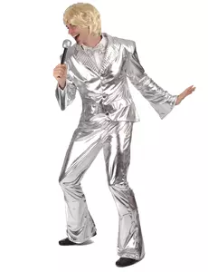 Glittrande silverfärgad Disco-maskeraddräkt herr, Storlek: Large
