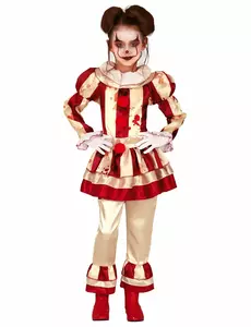 Skrämmande rödvit clownmaskeraddräkt flicka, Storlek: 9 år (125-135 cm)
