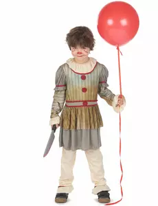 Grå skrämmande clownmaskeraddräkt pojke, Storlek: 7-9 år (120-130 cm)