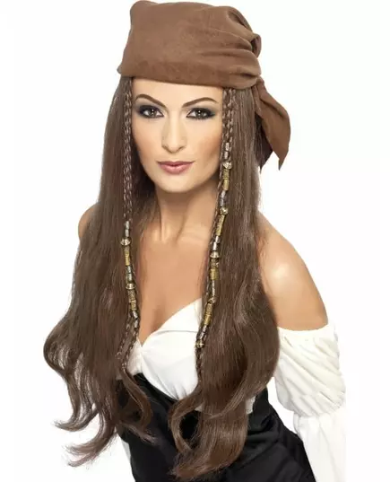 Lång brun peruk för pirat, dam