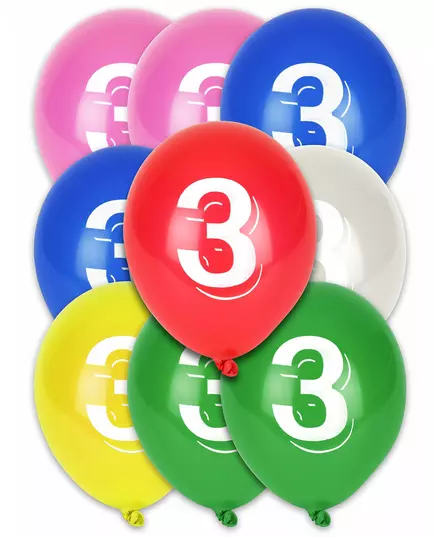 8 flerfärgade ballonger siffra 3 30 cm