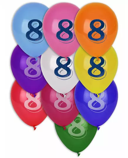 8 Flerfärgade ballonger med siffran 8 30 cm